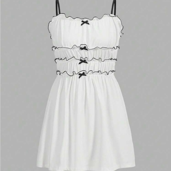 Cute Bow Front Lettuce Trim Ruched Bust Frill Trim Cami Dress - Picture 1 of 6